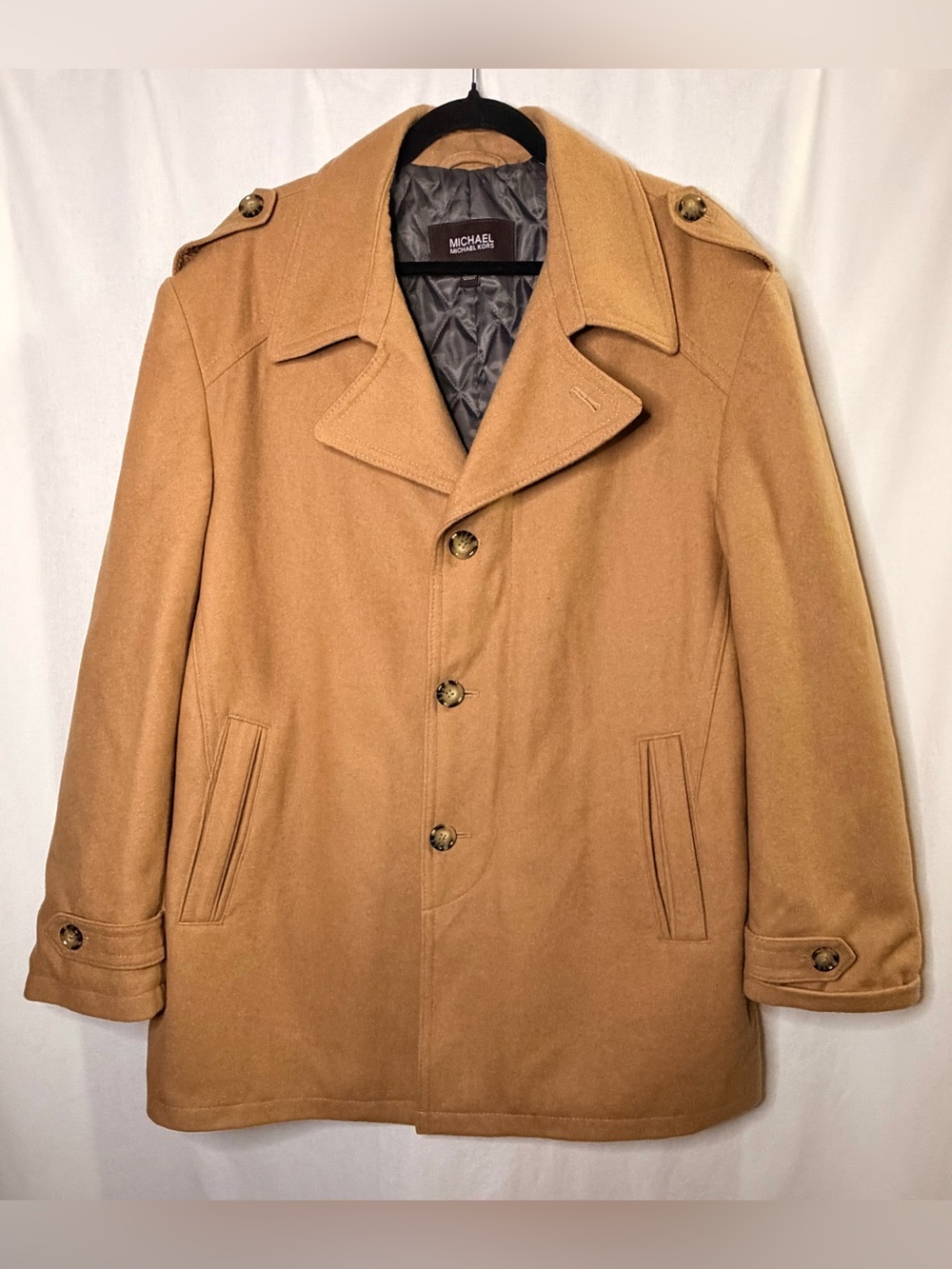 Michael Kors Men's XXL Camel Wool Blend Military Field Car Coat Epaulets GUC
